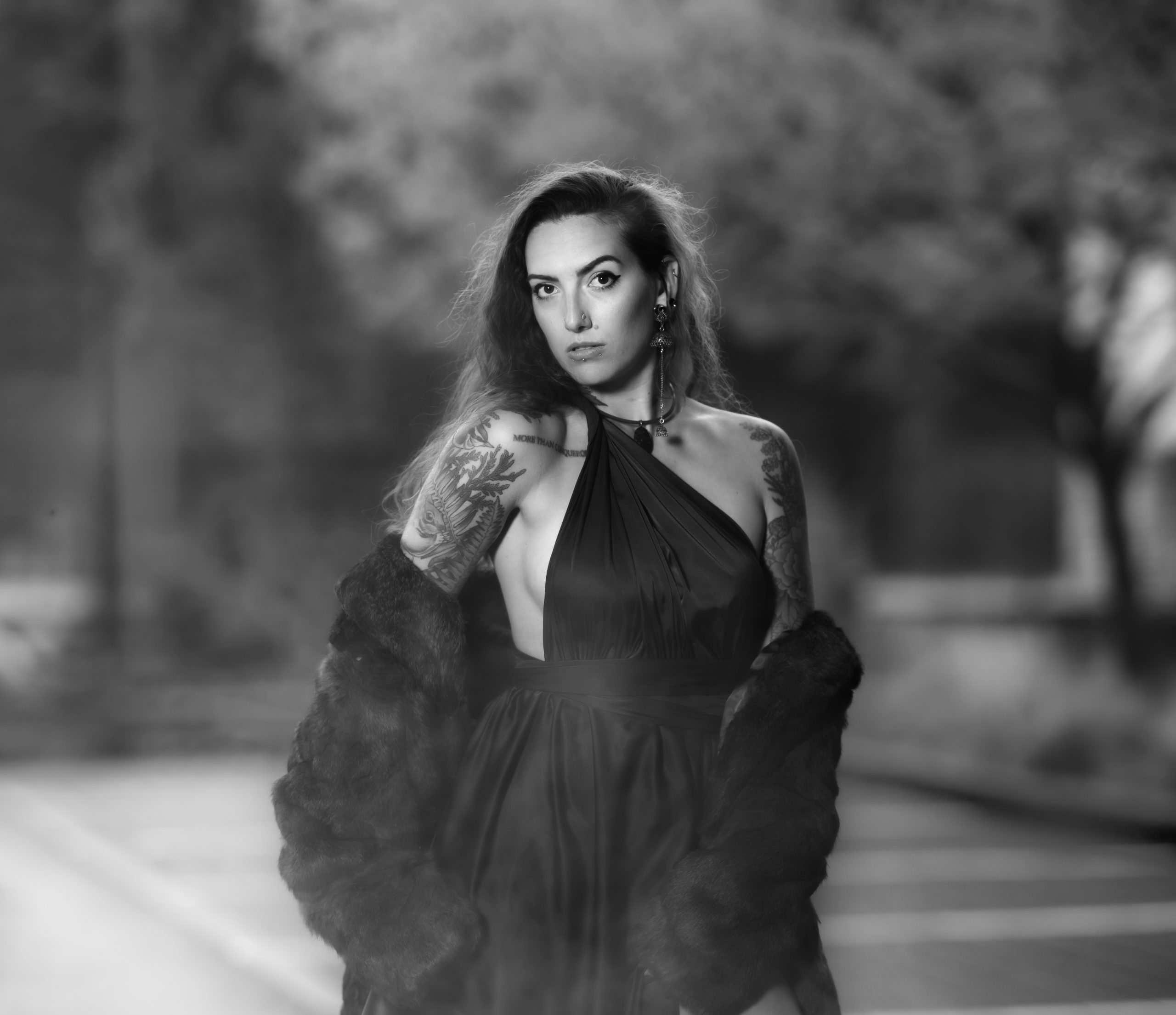 woman in black and white photo